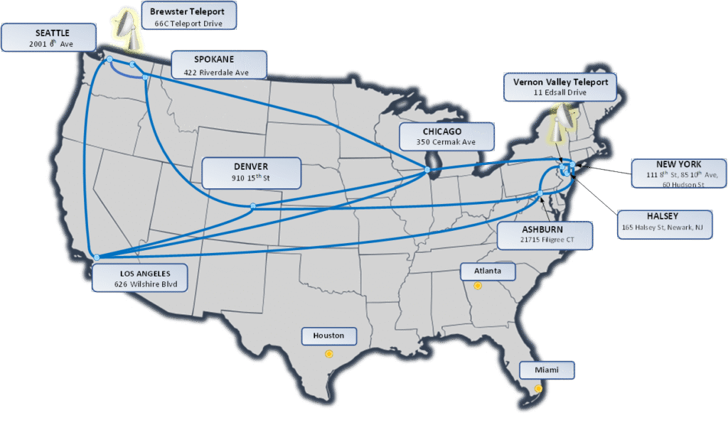 The USEI nationwide network connects our satellite teleports to key Points of Presences (POPs) with strategic Carrier Hotels throughout the United States. We transport diverse Carrier Ethernet (100M, GigE & 10G handoffs) and MPLS traffic between all network points while providing Direct Internet Access (DIA) from any node. This network is designed to minimize the time and expense to customers of last-mile services by providing direct connectivity to our teleports via a simple POP cross-connect.